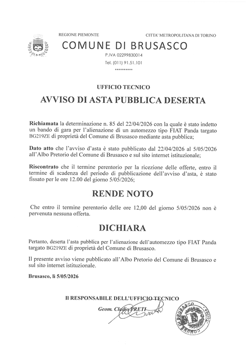 Avviso asta pubblica deserta